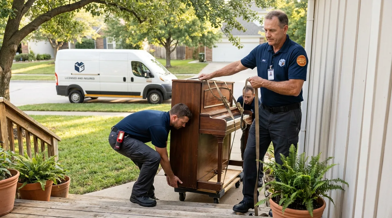 Licensed piano movers securing grand piano in Gasport, NY