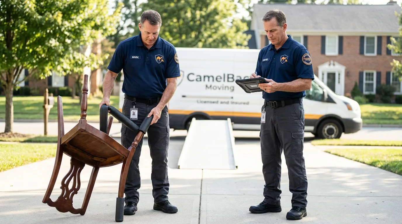 Movers inspecting furniture for damage prevention before loading in Gasport, NY