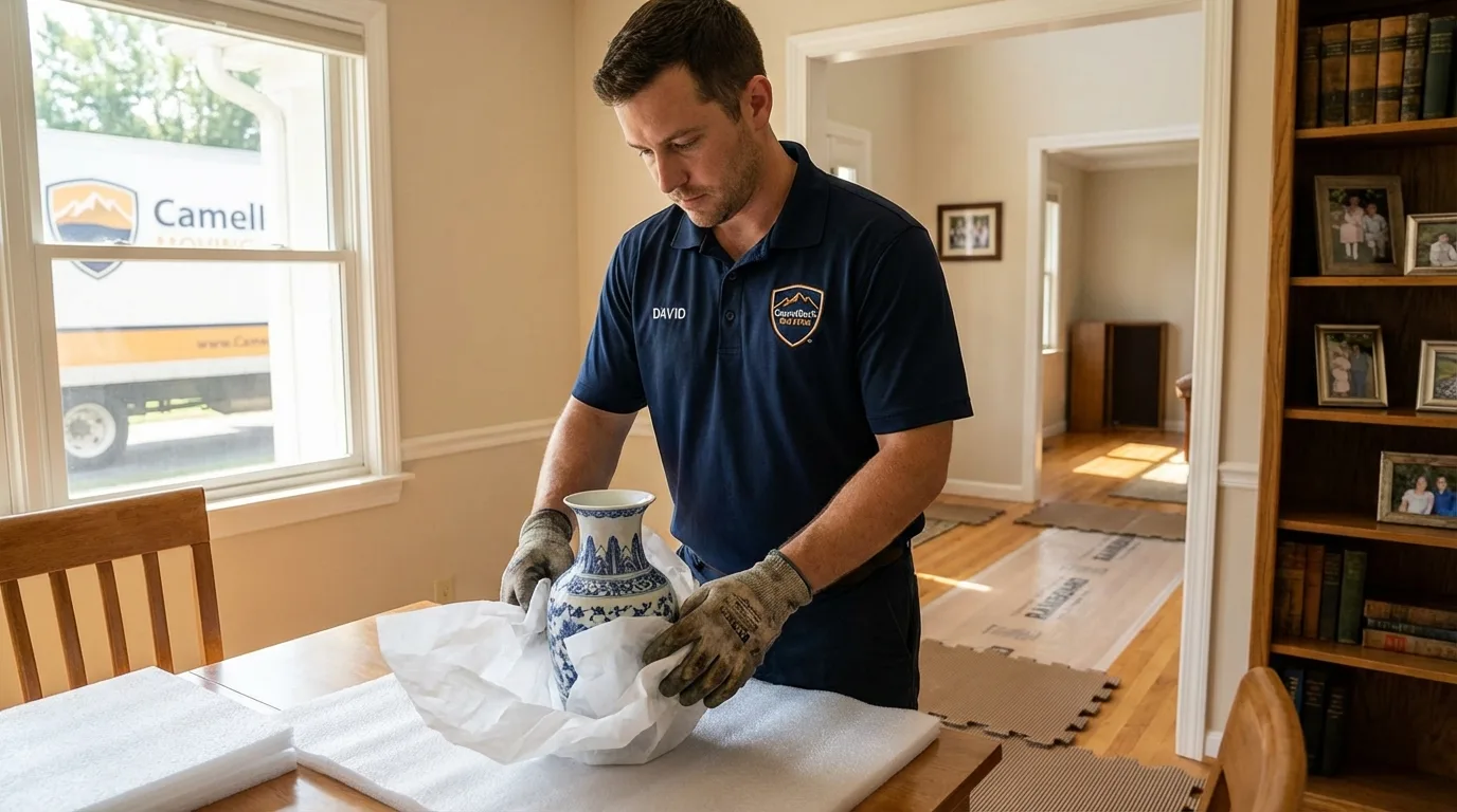 Professional crew carefully wrapping antique vase for senior downsizing move in Gasport, NY