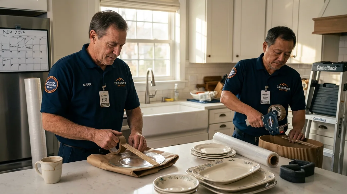Professional crew packing kitchen dishware in Gasport, NY